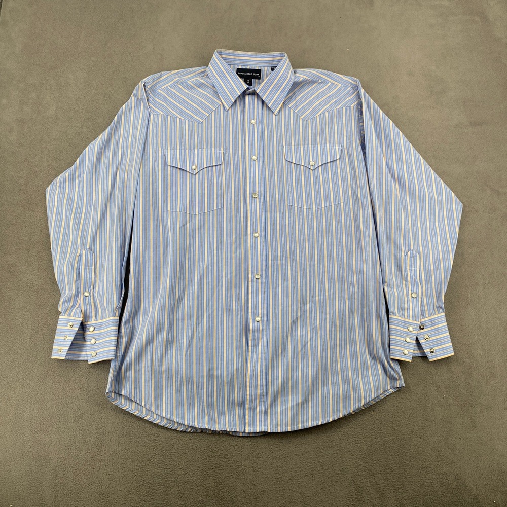 Panhandle Slim Mens Blue Striped Western Pearl Snap Shirt 16 34 30S0003